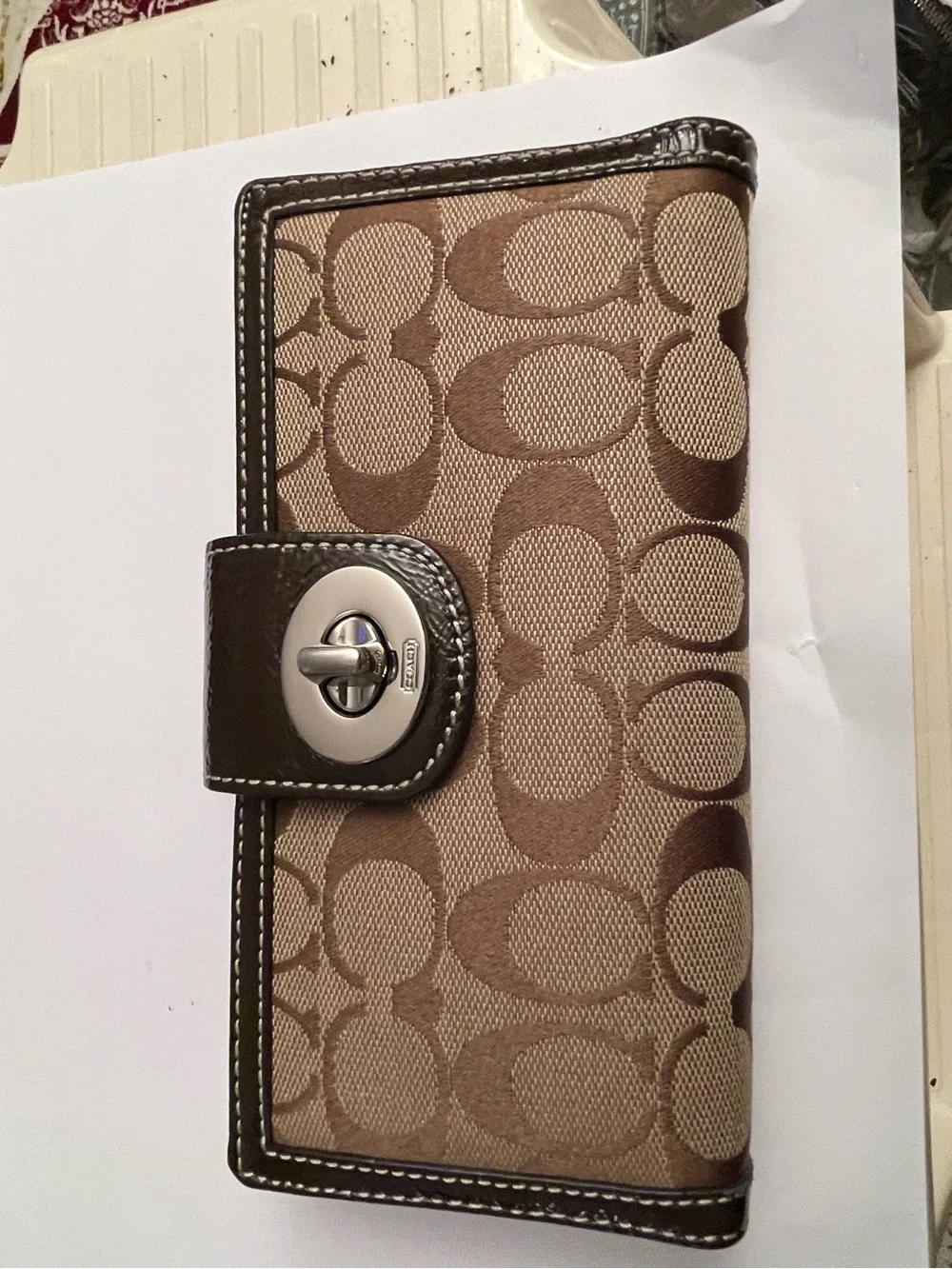 Coach Brown Signature Canvas Wallet with Silver Turnlock